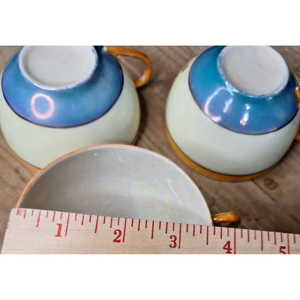 Vintage Japanese Lusterware Teacups Set of‎ 3 Blue Bird Floral Porcelain Japan